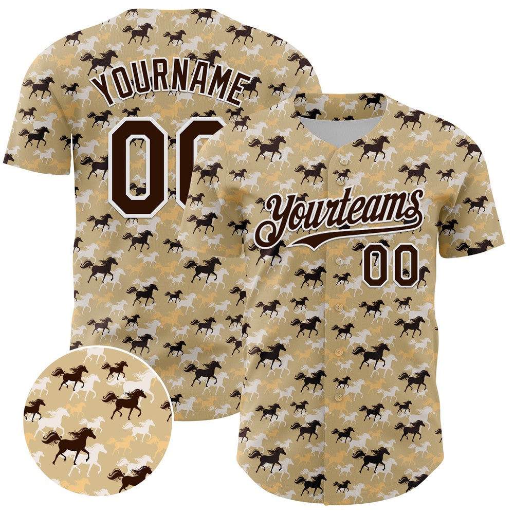 Cool Baseball Jersey, Custom Vegas Gold Brown White 3D Pattern Design Animal Horse Authentic Baseball Jersey, Best Baseball Jerseys
