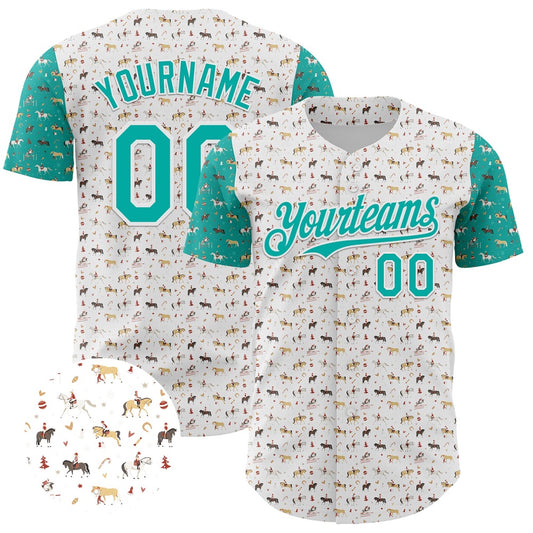 Cool Baseball Jersey, Custom White Aqua 3D Pattern Design Rodeo Cowboy Authentic Baseball Jersey, Best Baseball Jerseys