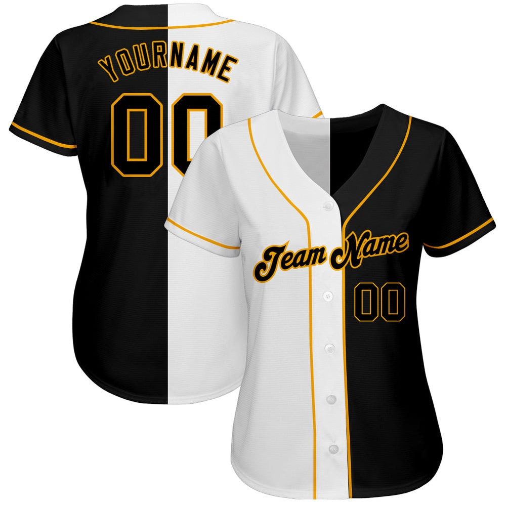 Cool Baseball Jersey, Custom White Black Gold Authentic Split Fashion Baseball Jersey, Best Baseball Jerseys