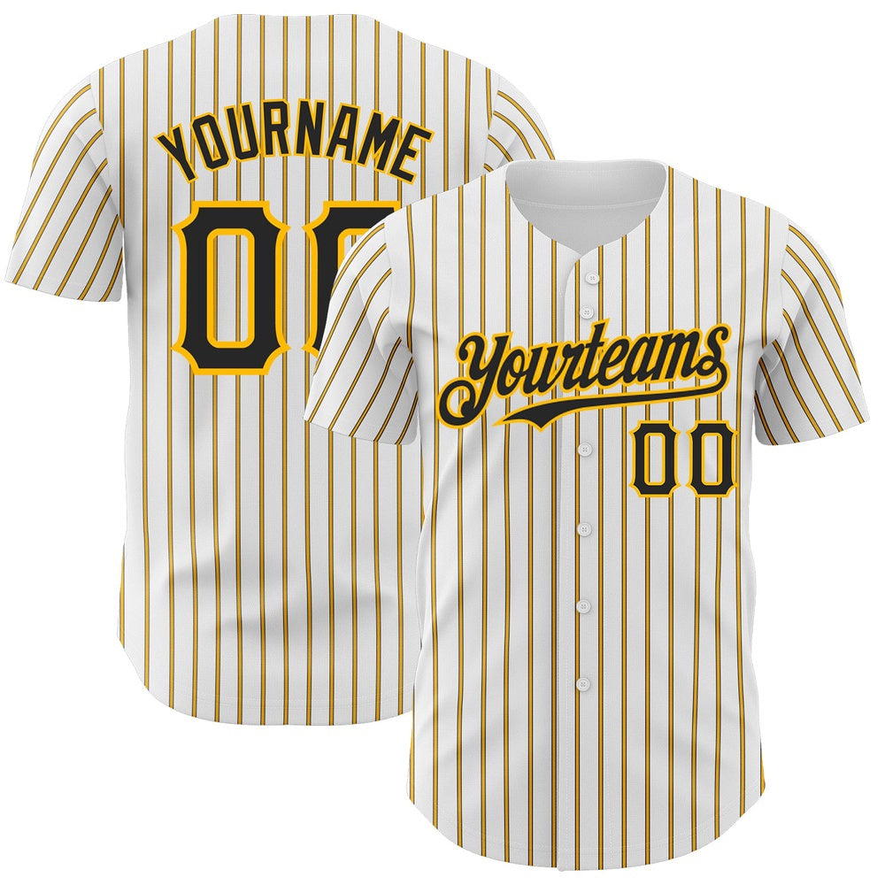 Cool Baseball Jersey, Custom White (Black Gold Pinstripe) Black Gold Authentic Baseball Jersey, Best Baseball Jerseys