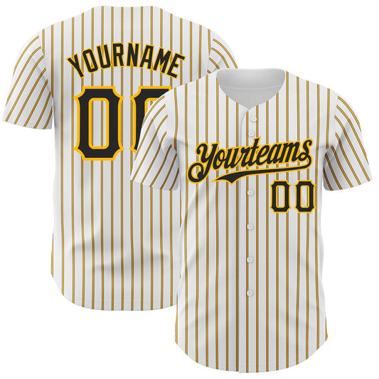 Cool Baseball Jersey, Custom White (Black Gold Pinstripe) Black Gold Authentic Baseball Jersey, Best Baseball Jerseys