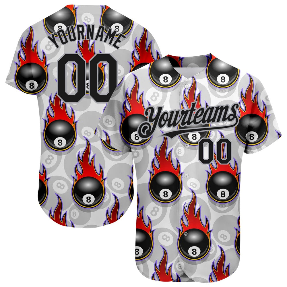Cool Baseball Jersey, Custom White Black Gray 3D Pattern Design Flaming Billiards Snooker 8 Ball Authentic Baseball Jersey