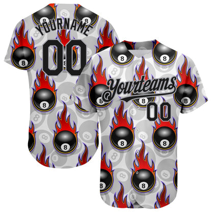 Cool Baseball Jersey, Custom White Black Gray 3D Pattern Design Flaming Billiards Snooker 8 Ball Authentic Baseball Jersey