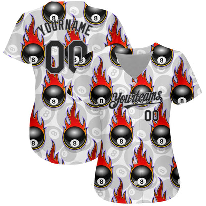 Cool Baseball Jersey, Custom White Black Gray 3D Pattern Design Flaming Billiards Snooker 8 Ball Authentic Baseball Jersey