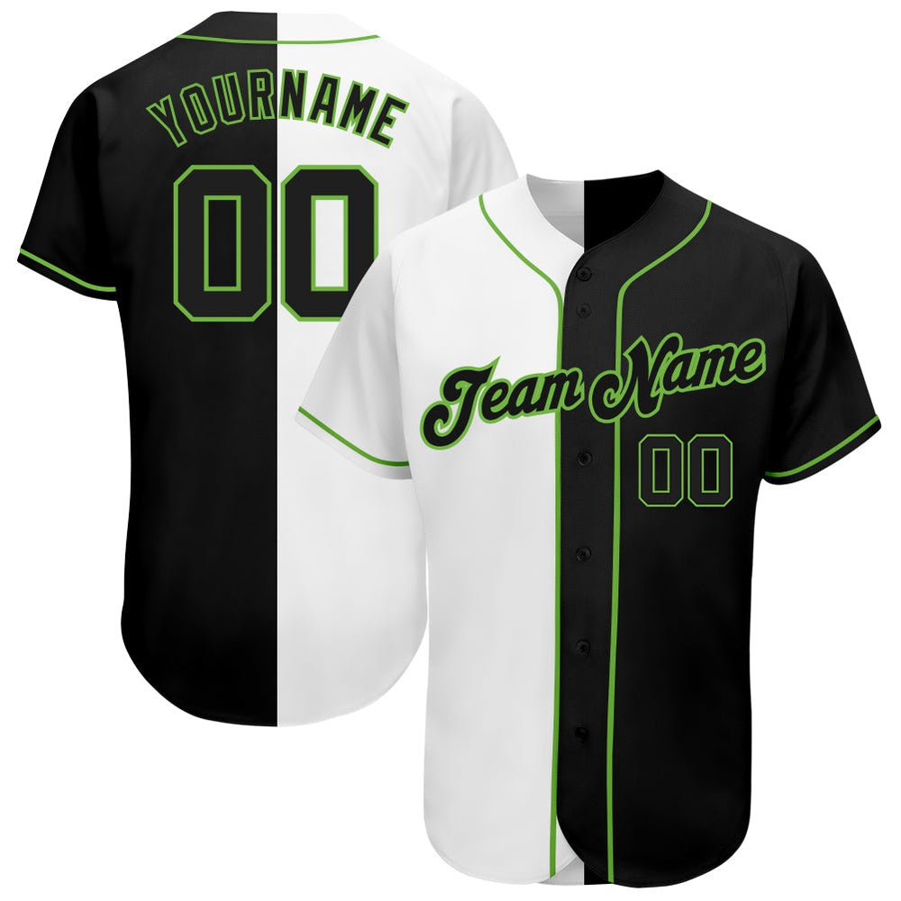 Cool Baseball Jersey, Custom White Black Neon Green Authentic Split Fashion Baseball Jersey, Best Baseball Jerseys