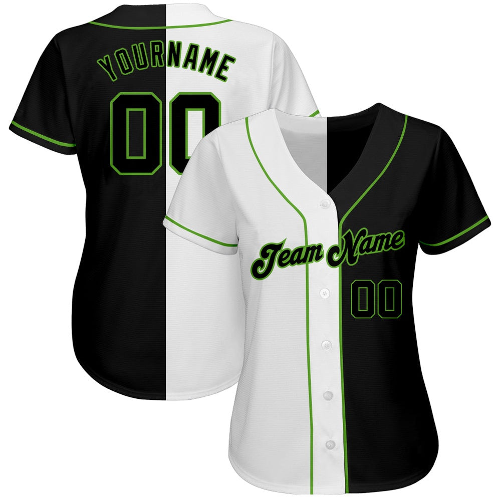 Cool Baseball Jersey, Custom White Black Neon Green Authentic Split Fashion Baseball Jersey, Best Baseball Jerseys