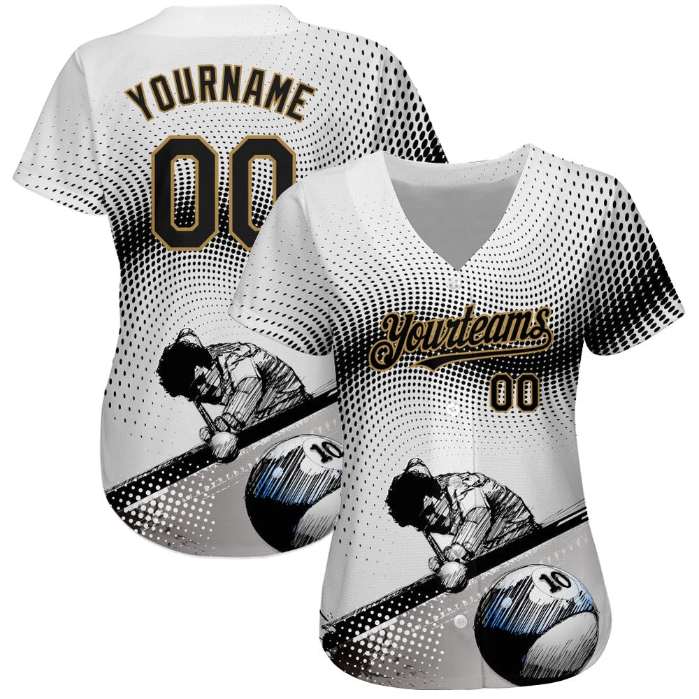 Cool Baseball Jersey, Custom White Black Old Gold 3D Pattern Design Billiards Authentic Baseball Jersey, Best Baseball Jerseys