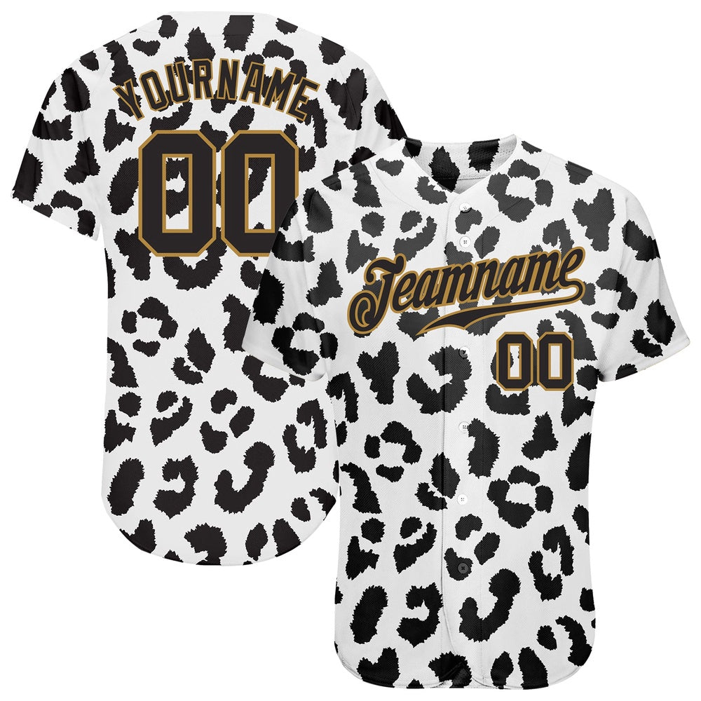 Cool Baseball Jersey, Custom White Black Old Gold 3D Pattern Design Leopard Authentic Baseball Jersey, Best Baseball Jerseys