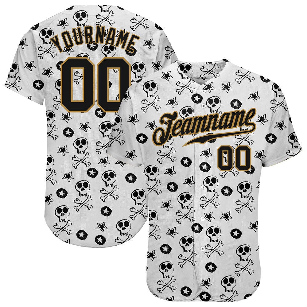 Cool Baseball Jersey, Custom White Black Old Gold 3D Skull Fashion Authentic Baseball Jersey, Best Baseball Jerseys
