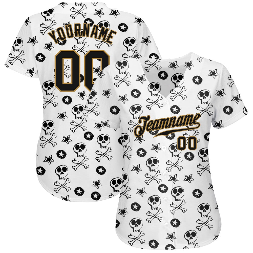 Cool Baseball Jersey, Custom White Black Old Gold 3D Skull Fashion Authentic Baseball Jersey, Best Baseball Jerseys