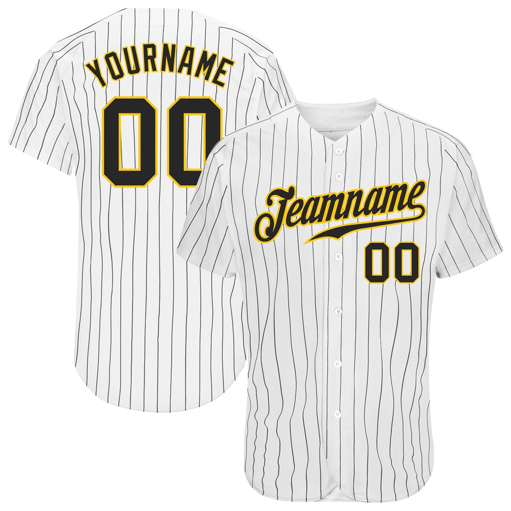 Cool Baseball Jersey, Custom White Black Pinstripe Black Gold Authentic Baseball Jersey, Best Baseball Jerseys