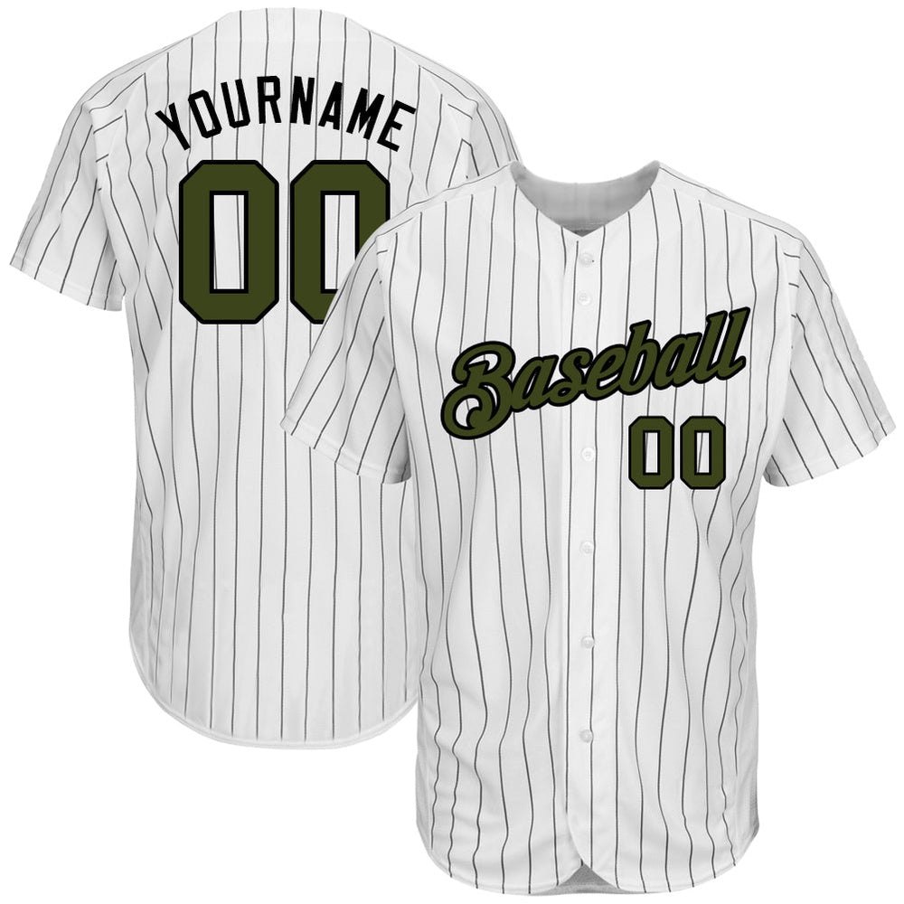 Cool Baseball Jersey, Custom White Black Pinstripe Olive Black Authentic Memorial Day Baseball Jersey, Best Baseball Jerseys