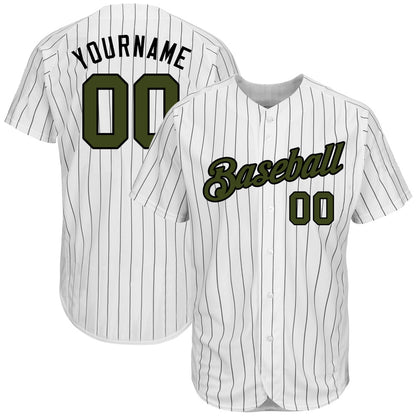 Cool Baseball Jersey, Custom White Black Pinstripe Olive Black Authentic Memorial Day Baseball Jersey, Best Baseball Jerseys