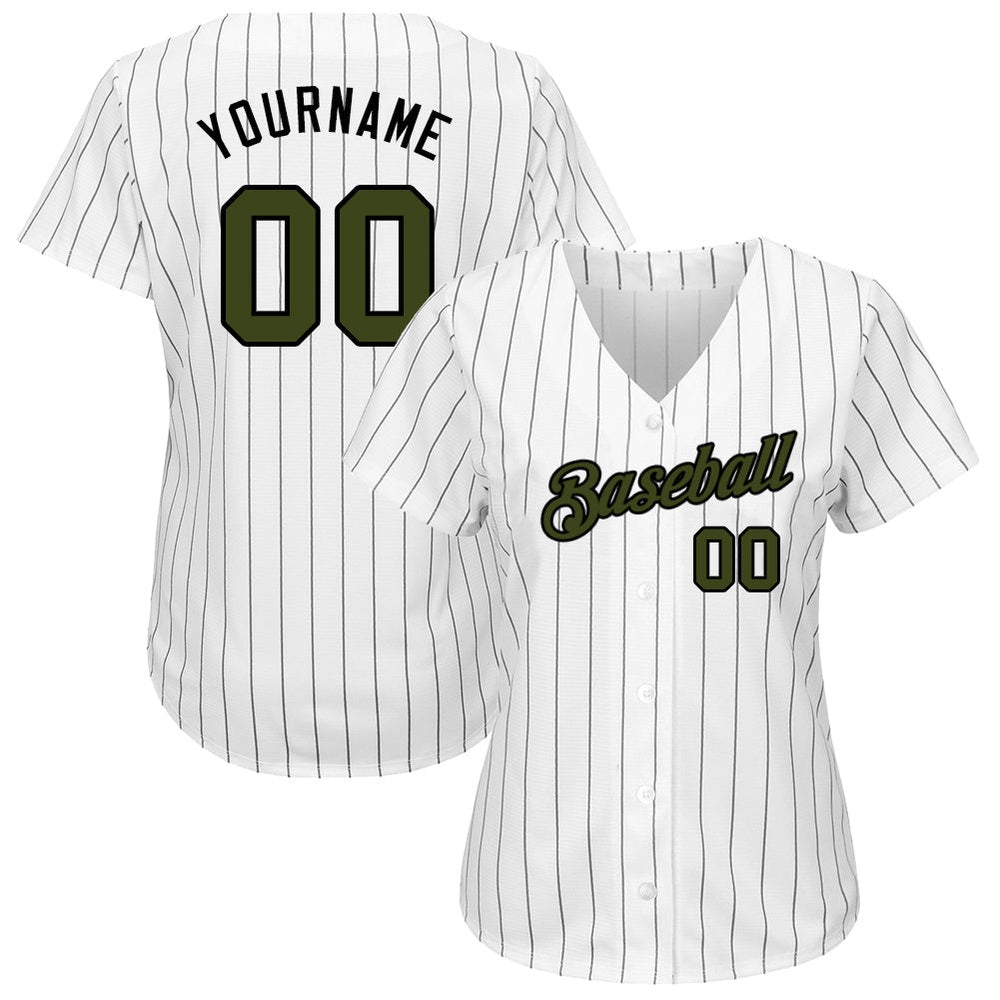 Cool Baseball Jersey, Custom White Black Pinstripe Olive Black Authentic Memorial Day Baseball Jersey, Best Baseball Jerseys