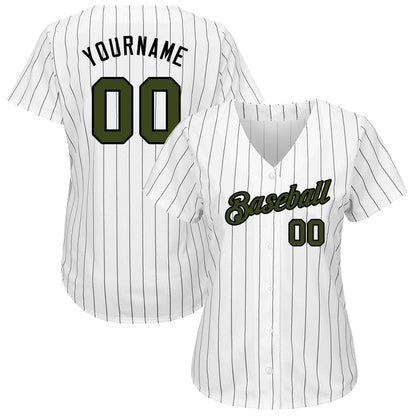 Cool Baseball Jersey, Custom White Black Pinstripe Olive Black Authentic Memorial Day Baseball Jersey, Best Baseball Jerseys