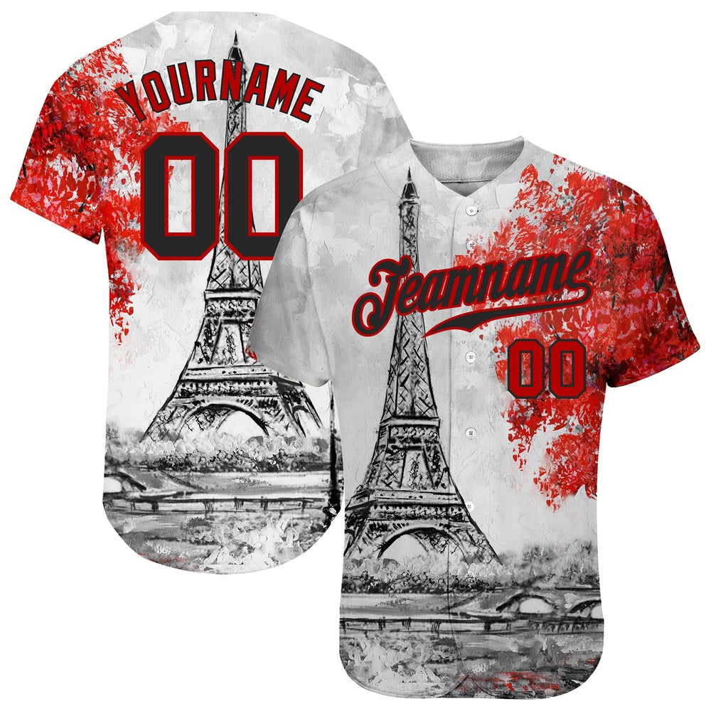 Cool Baseball Jersey, Custom White Black Red 3D Pattern Design Eiffel Tower Authentic Baseball Jersey, Best Baseball Jerseys