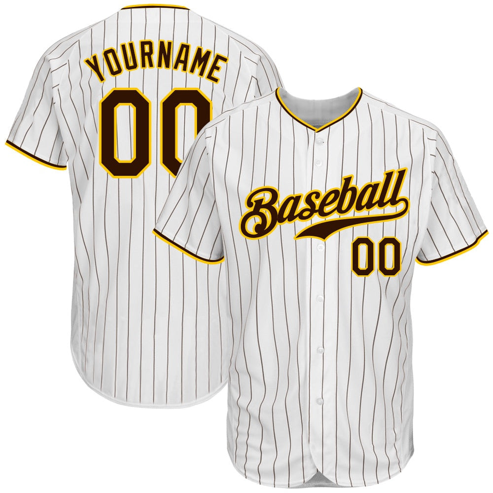 Cool Baseball Jersey, Custom White Brown Pinstripe Brown Gold Authentic Baseball Jersey, Best Baseball Jerseys