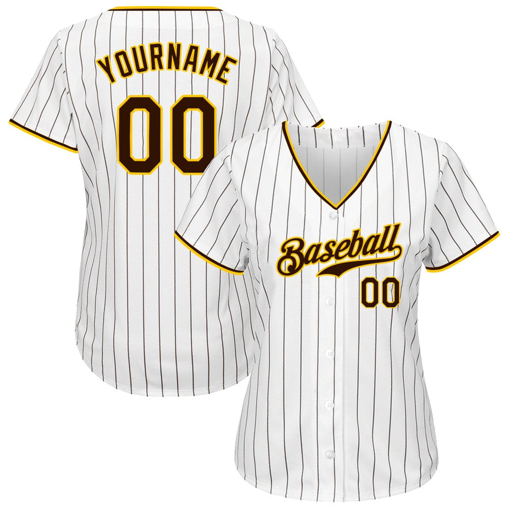 Cool Baseball Jersey, Custom White Brown Pinstripe Brown Gold Authentic Baseball Jersey, Best Baseball Jerseys