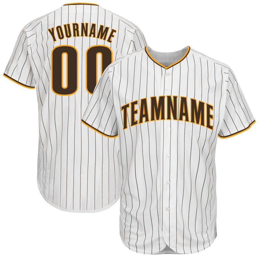 Cool Baseball Jersey, Custom White Brown Pinstripe Brown Gold Baseball Jersey, Best Baseball Jerseys