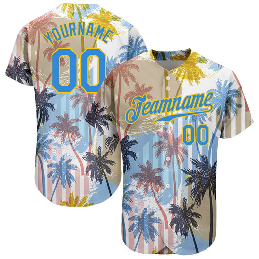 Cool Baseball Jersey, Custom White Electric Blue Yellow 3D Pattern Design Hawaii Coconut Palms Authentic Baseball Jersey