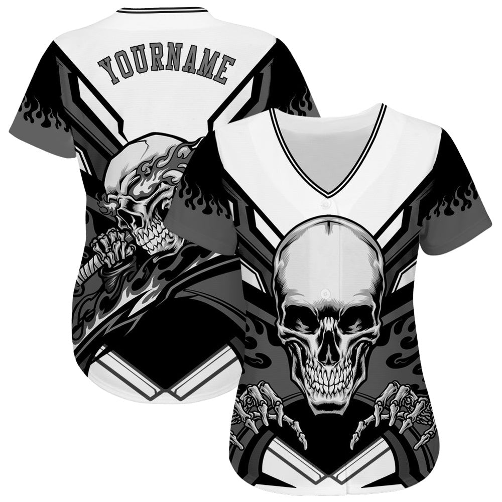 Cool Baseball Jersey, Custom White Gray Black 3D Skull Authentic Baseball Jersey, Best Baseball Jerseys