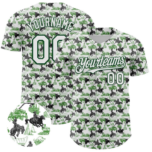 Cool Baseball Jersey, Custom White Green 3D Pattern Design Rodeo Cowboy Authentic Baseball Jersey, Best Baseball Jerseys