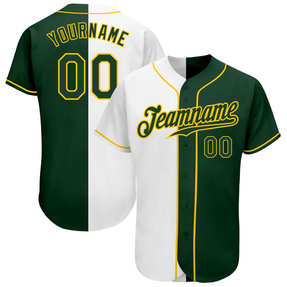 Cool Baseball Jersey, Custom White Green Gold Authentic Split Fashion Baseball Jersey, Best Baseball Jerseys