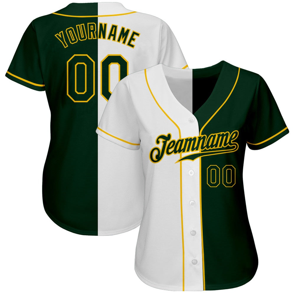 Cool Baseball Jersey, Custom White Green Gold Authentic Split Fashion Baseball Jersey, Best Baseball Jerseys