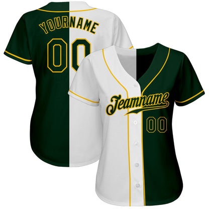 Cool Baseball Jersey, Custom White Green Gold Authentic Split Fashion Baseball Jersey, Best Baseball Jerseys