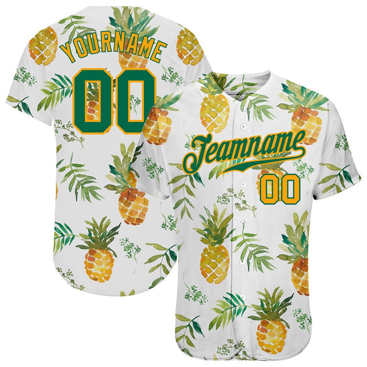 Cool Baseball Jersey, Custom White Kelly Green Gold 3D Pattern Design Pineapples Authentic Baseball Jersey, Best Baseball Jerseys