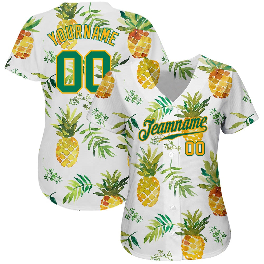 Cool Baseball Jersey, Custom White Kelly Green Gold 3D Pattern Design Pineapples Authentic Baseball Jersey, Best Baseball Jerseys