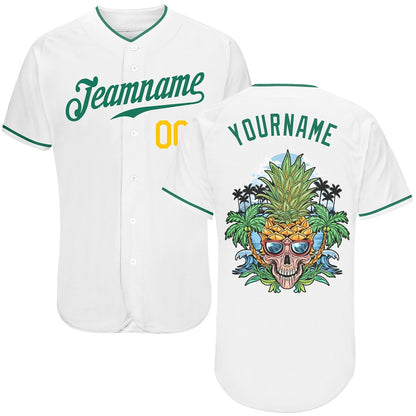 Cool Baseball Jersey, Custom White Kelly Green Gold Authentic Skull Pineapple Head Baseball Jersey, Best Baseball Jerseys