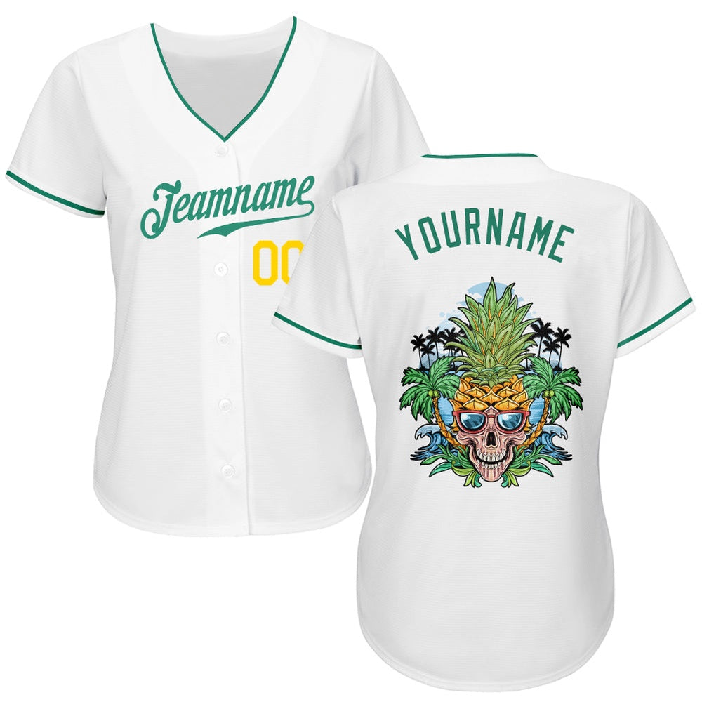 Cool Baseball Jersey, Custom White Kelly Green Gold Authentic Skull Pineapple Head Baseball Jersey, Best Baseball Jerseys