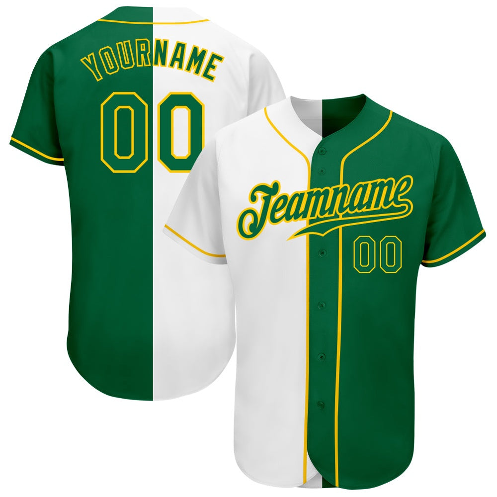 Cool Baseball Jersey, Custom White Kelly Green Gold Authentic Split Fashion Baseball Jersey, Best Baseball Jerseys