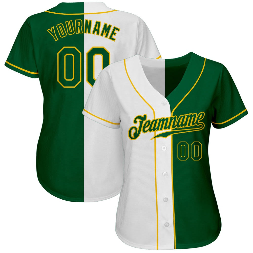 Cool Baseball Jersey, Custom White Kelly Green Gold Authentic Split Fashion Baseball Jersey, Best Baseball Jerseys
