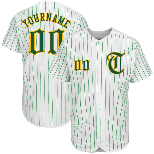 Cool Baseball Jersey, Custom White Kelly Green Pinstripe Kelly Green Gold Authentic Baseball Jersey, Best Baseball Jerseys