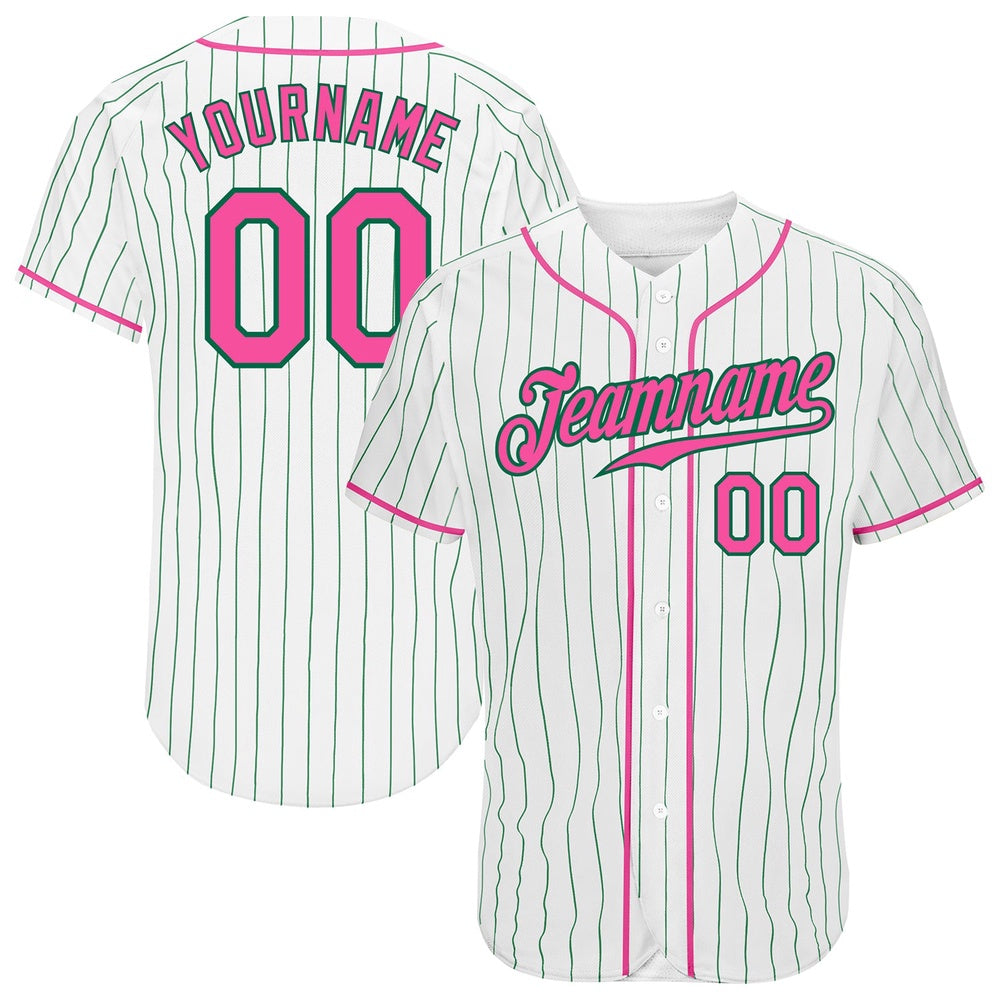 Cool Baseball Jersey, Custom White Kelly Green Pinstripe Pink Kelly Green Authentic Baseball Jersey, Best Baseball Jerseys