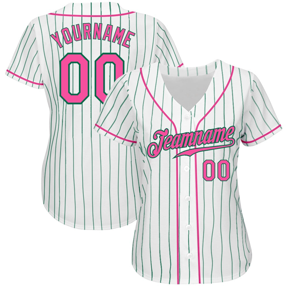 Cool Baseball Jersey, Custom White Kelly Green Pinstripe Pink Kelly Green Authentic Baseball Jersey, Best Baseball Jerseys