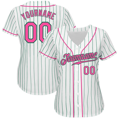 Cool Baseball Jersey, Custom White Kelly Green Pinstripe Pink Kelly Green Authentic Baseball Jersey, Best Baseball Jerseys
