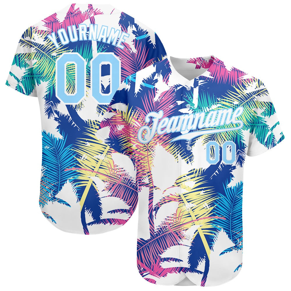 Cool Baseball Jersey, Custom White Light Blue 3D Pattern Design Hawaii Palm Trees Authentic Baseball Jersey, Best Baseball Jerseys