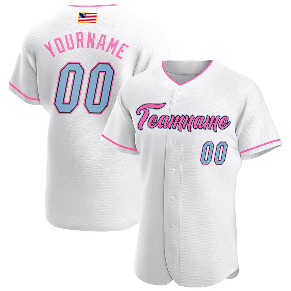 Cool Baseball Jersey, Custom White Light Blue Pink Authentic American Flag Fashion Baseball Jersey, Best Baseball Jerseys