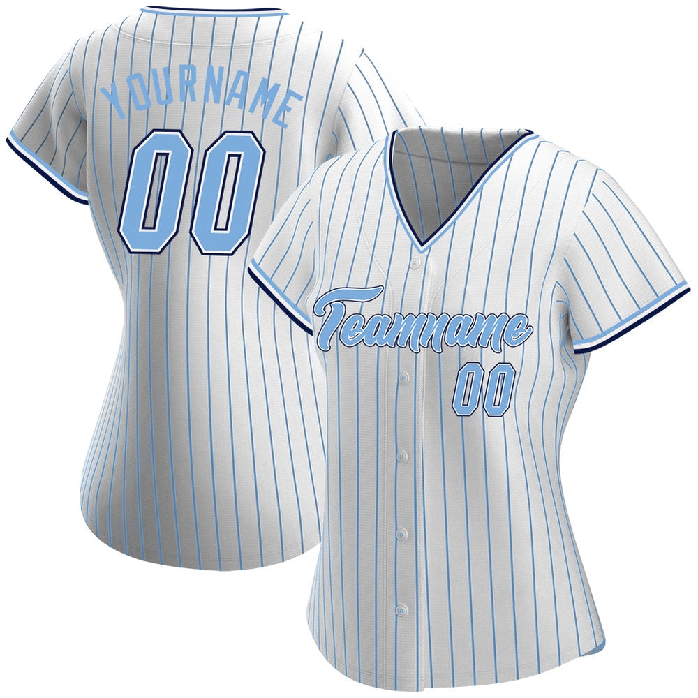 Cool Baseball Jersey, Custom White Light Blue Pinstripe Light Blue Navy Authentic Baseball Jersey, Best Baseball Jerseys