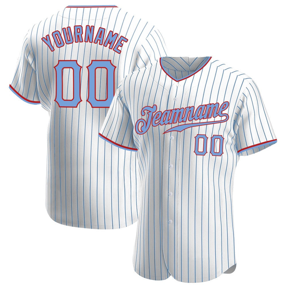 Cool Baseball Jersey, Custom White Light Blue Pinstripe Light Blue Red Authentic Baseball Jersey, Best Baseball Jerseys