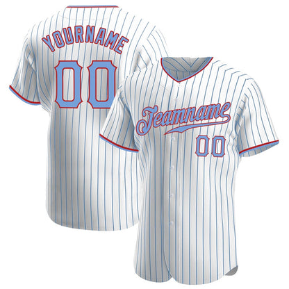 Cool Baseball Jersey, Custom White Light Blue Pinstripe Light Blue Red Authentic Baseball Jersey, Best Baseball Jerseys