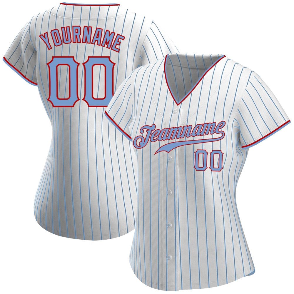 Cool Baseball Jersey, Custom White Light Blue Pinstripe Light Blue Red Authentic Baseball Jersey, Best Baseball Jerseys