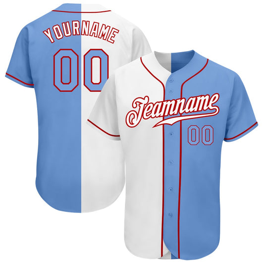 Cool Baseball Jersey, Custom White Light Blue Red Authentic Split Fashion Baseball Jersey, Best Baseball Jerseys