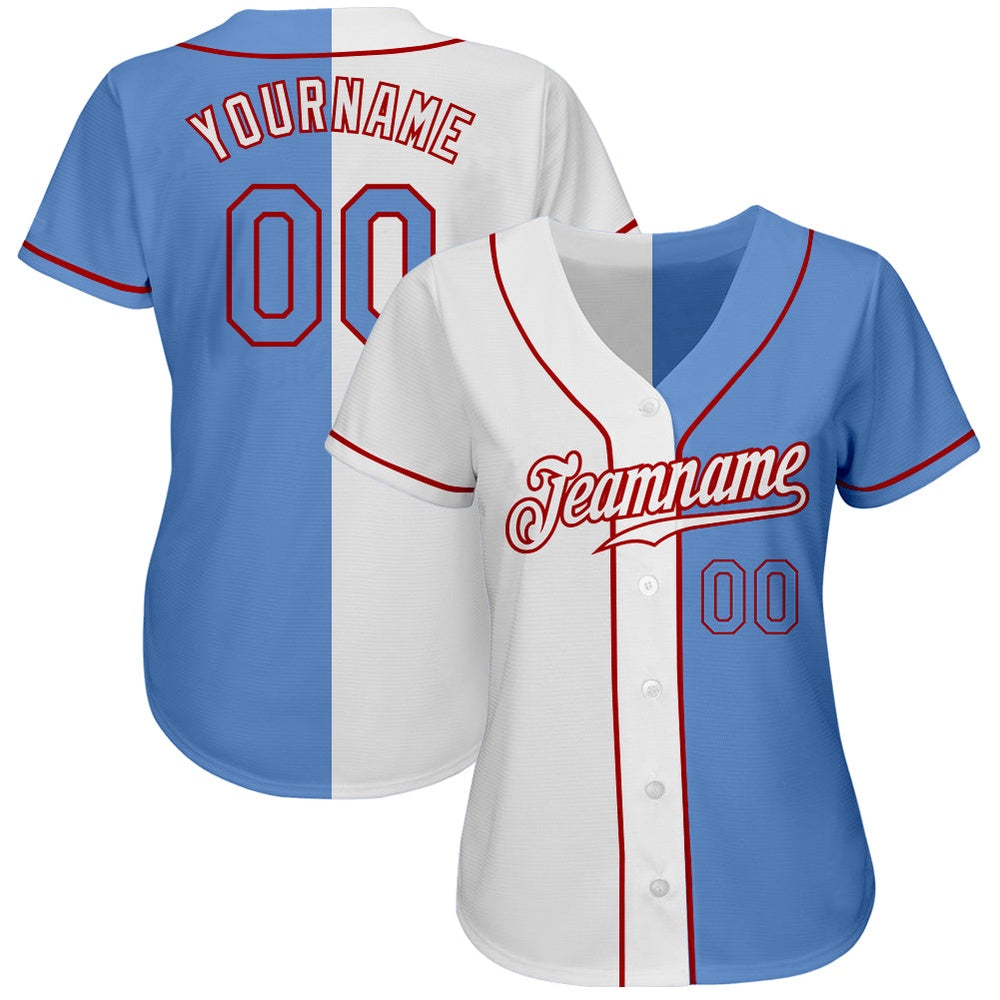 Cool Baseball Jersey, Custom White Light Blue Red Authentic Split Fashion Baseball Jersey, Best Baseball Jerseys