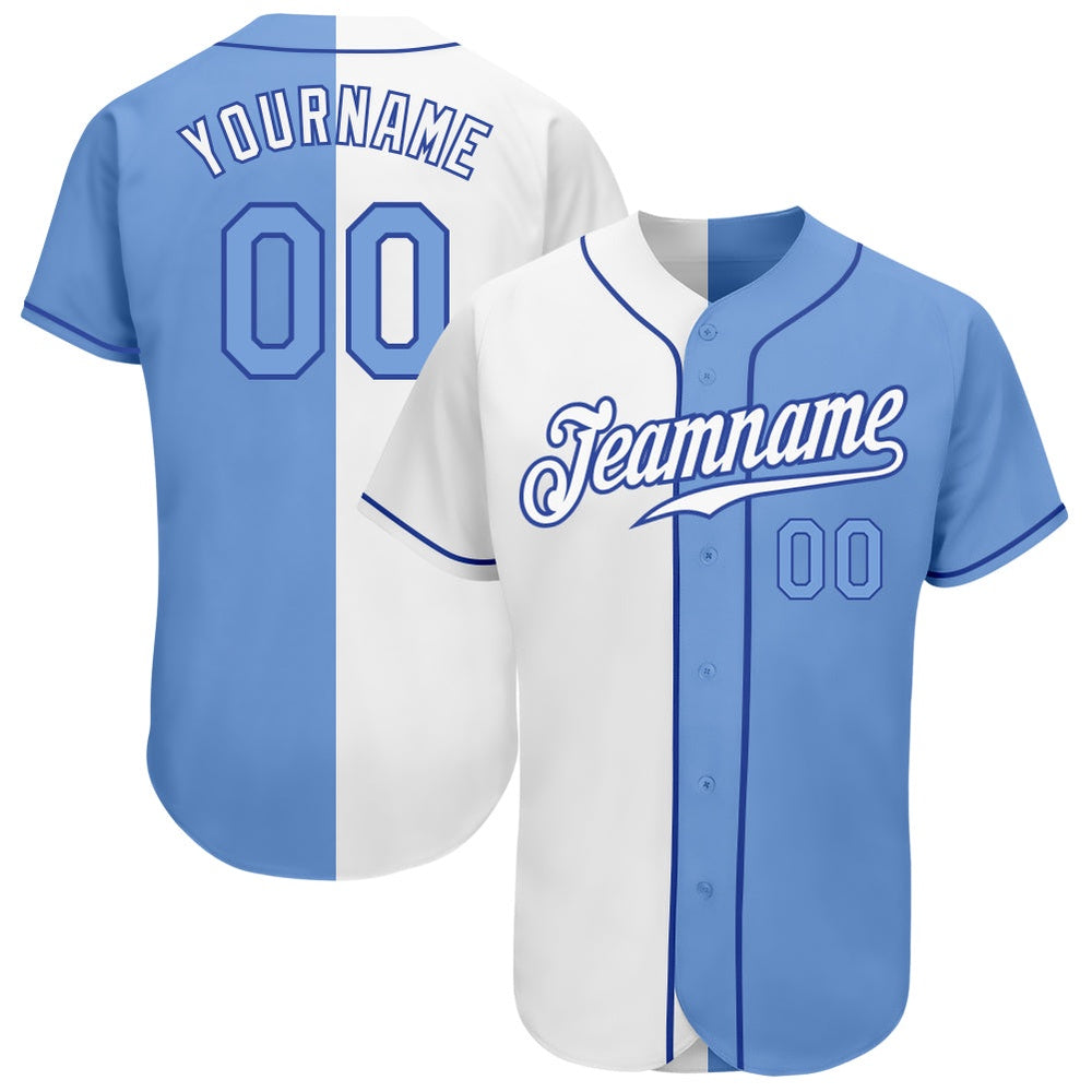 Cool Baseball Jersey, Custom White Light Blue Royal Authentic Split Fashion Baseball Jersey, Best Baseball Jerseys