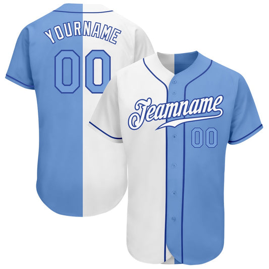 Cool Baseball Jersey, Custom White Light Blue Royal Authentic Split Fashion Baseball Jersey, Best Baseball Jerseys