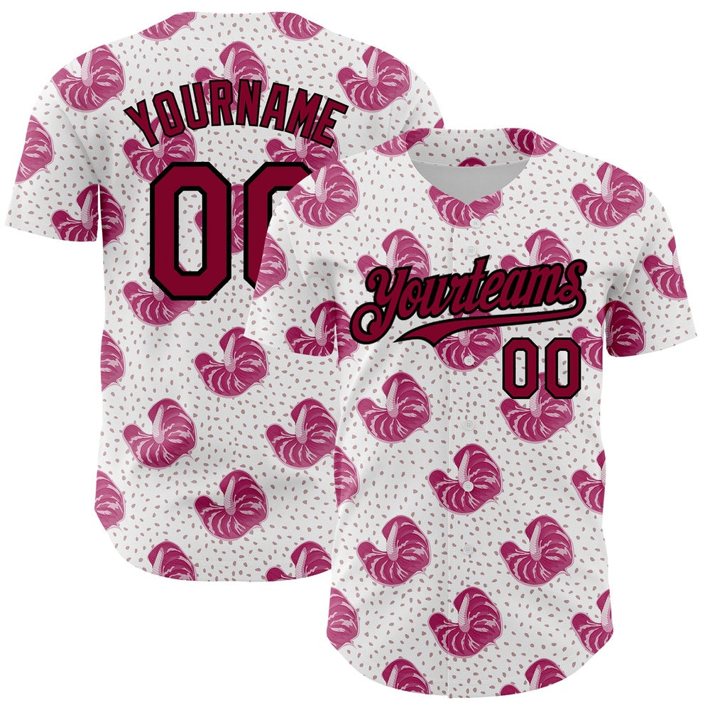 Cool Baseball Jersey, Custom White Maroon Black 3D Pattern Design Tropical Anthurium Flower Authentic Baseball Jersey